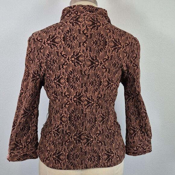 Vintage 90s Y APPAREL Women's Jacket Self Belt Standup Ruffle Collar Brown Small - Picture 3 of 15